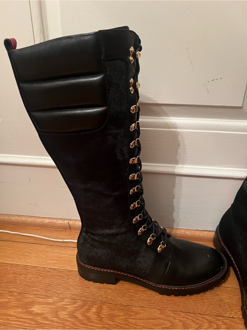 Women’s Black Lace-Up Knee High Boots with Gold-Tone Eyelets